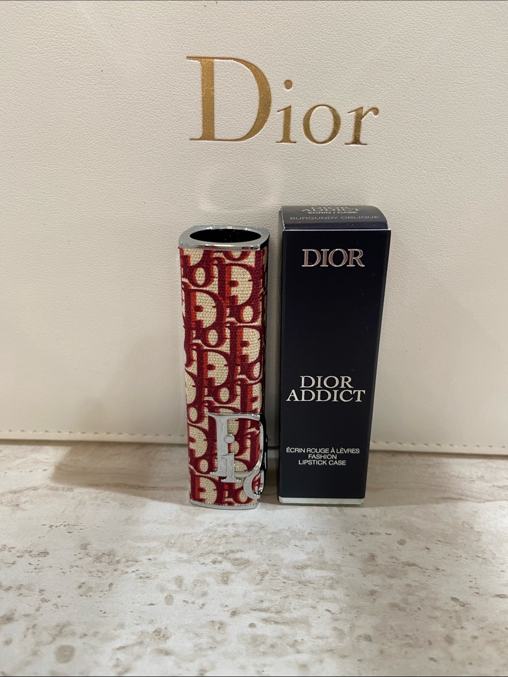New Dior Red and Beige Monogram Canvas Lipstick Holder Burgundy Oblique